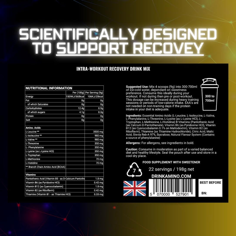 Amino Recovery - EAA & BCAA Intra Workout Powder - 7000mg EAA Amino Acid Recovery Drink & BCAA Powder - Protect Muscle & Aid Recovery - Sugar Free & Vegan (Cloudy Lemon, 22 Servings) Cloudy Lemon 22 Servings (Pack of 1)