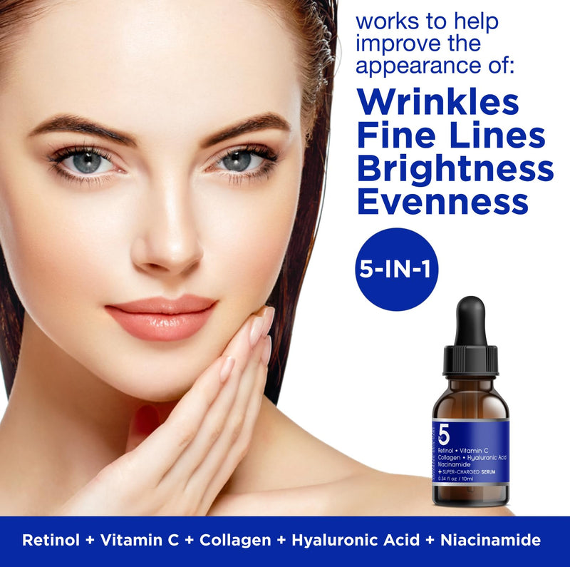 5 in 1 Face Serum with Retinol, Vitamin C, Collagen, Trial Size, 10 ml | Also with hyaluronic acid and niacinamide, may help improve the appearance of fine lines and dark spots 0.33 Fl Oz (Pack of 1)