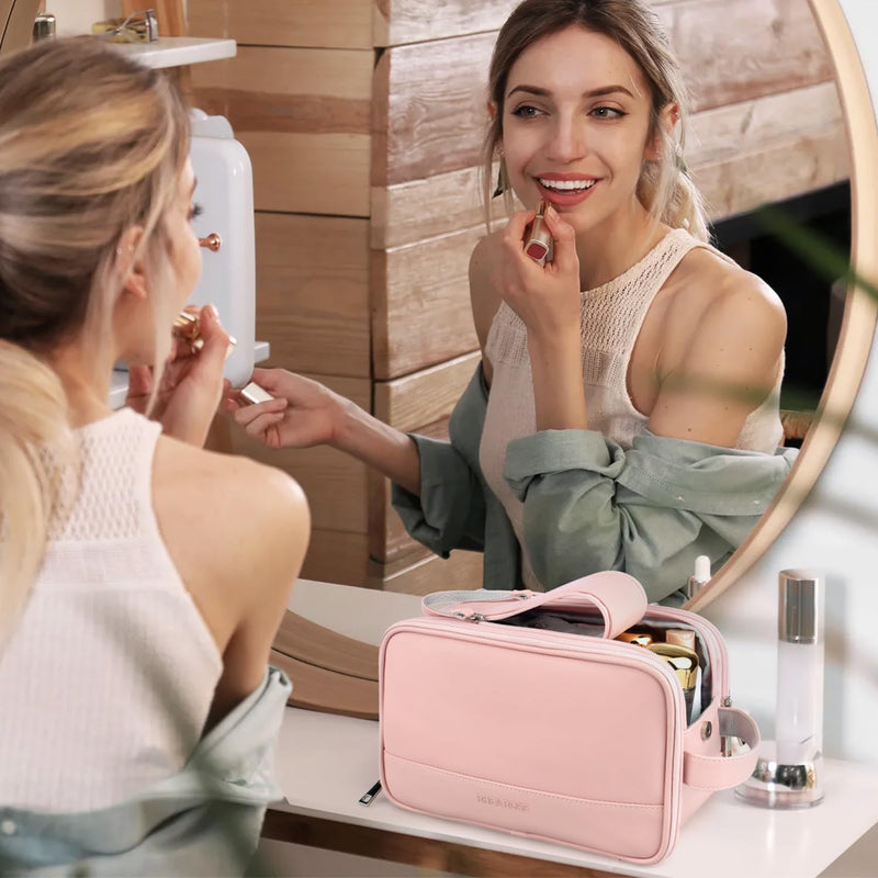 Toiletry Bag for Women, Makeup Travel Bag Organizer, Large Bathroom Cosmetic bag, Traveling Dopp Kit Accessories Shower Bag, Pink