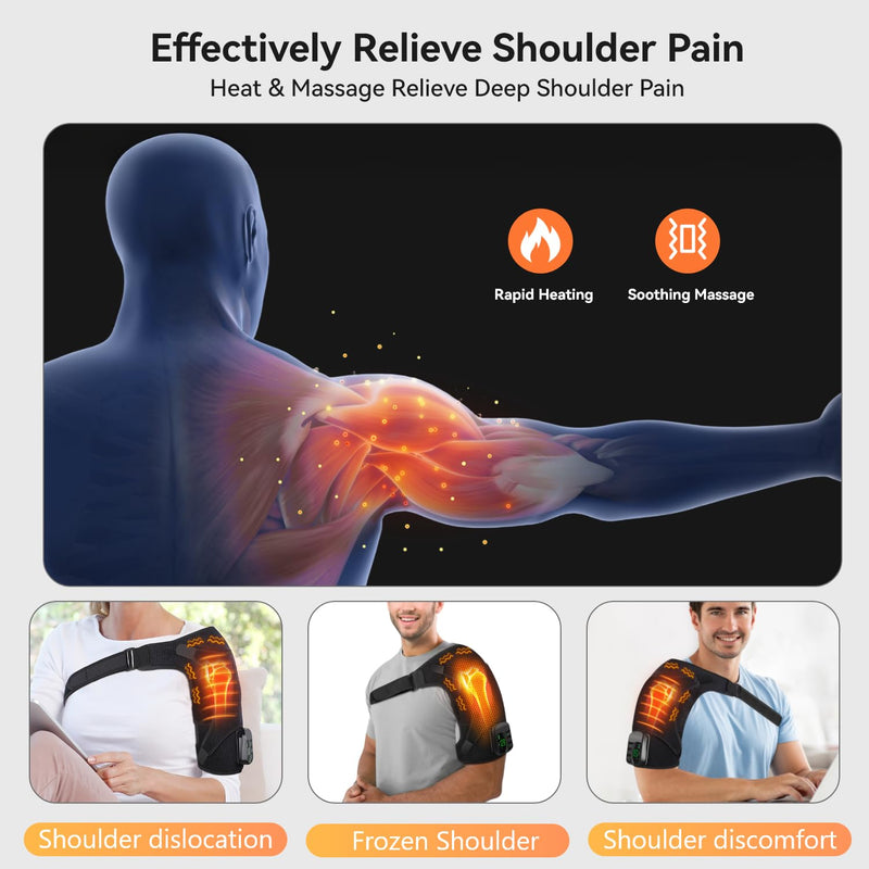 Cordless Electric Heated Massage Shoulder Wrap Pad with 3 Vibration and Heat Settings Hot Therapy for Shoulder Pain Relief, Black, One Size