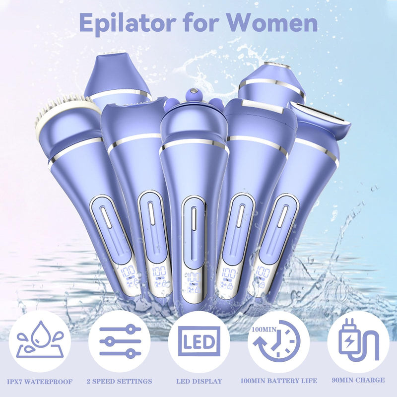 [Australia] - Epilator for Women, 7 in 1 Replaceable Hair Removal & Massager & Cleaner Devices, Bikini Trimmer, Face Massage, Face Exfoliating Brush, Foot Callus Remover, IPX7 Waterproof Razors (Purple) Purple 