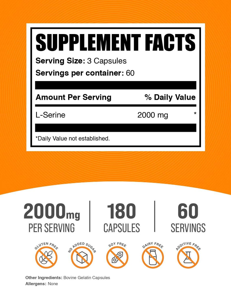BulkSupplements.com L-Serine Capsules - Serine Supplement, Amino Acids Supplement - Gluten Free, 3 Capsules per Serving, 180 Count (Pack of 1) 180 Count (Pack of 1)