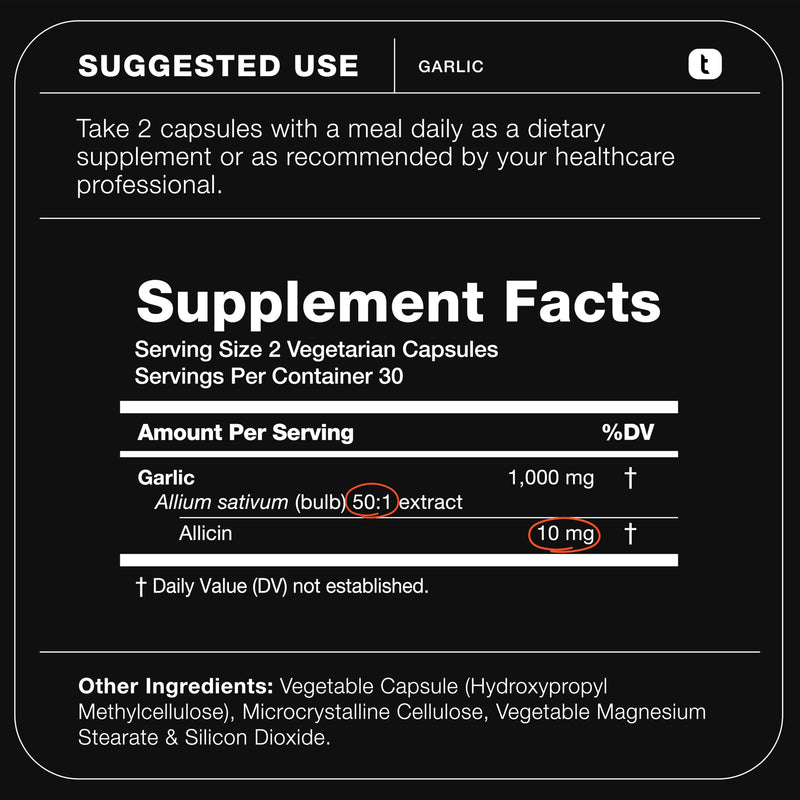 [Australia] - Garlic Capsules with 10,000mcg Allicin - Odorless - 50:1 Extract for Maximum Potency - Third-Party Lab Tested - 60 Vegetarian Capsules 60 Count (Pack of 1) 