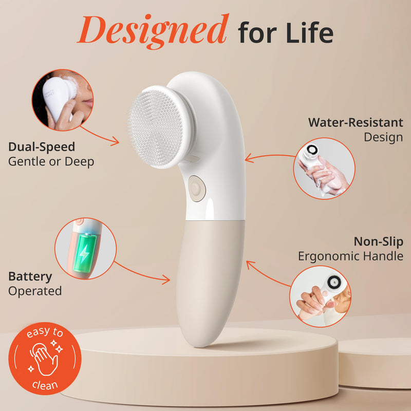 [Australia] - Raedia Handheld Facial Cleansing Brush with 4 Interchangeable Brush Heads by Vanity Planet - Lightweight Daily Cleansing Brush for Glowing Skin - Water Resistant Face Exfoliator - Warm Grey Warm Gray 4 Piece Set 