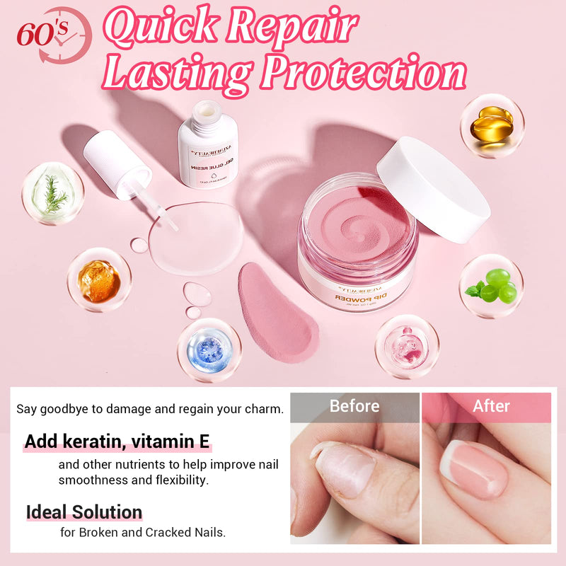 AZUREBEAUTY Nail Repair Kit for Broken Cracked Split Weak Nails, Emergency Easy Quick Fix Crystal Jelly Pink Transparent Dip Powder 28g /1 Oz Quick-Drying Repair Glue 10ml with Nail File & Nail Buffer Jelly Pink Nail Repair
