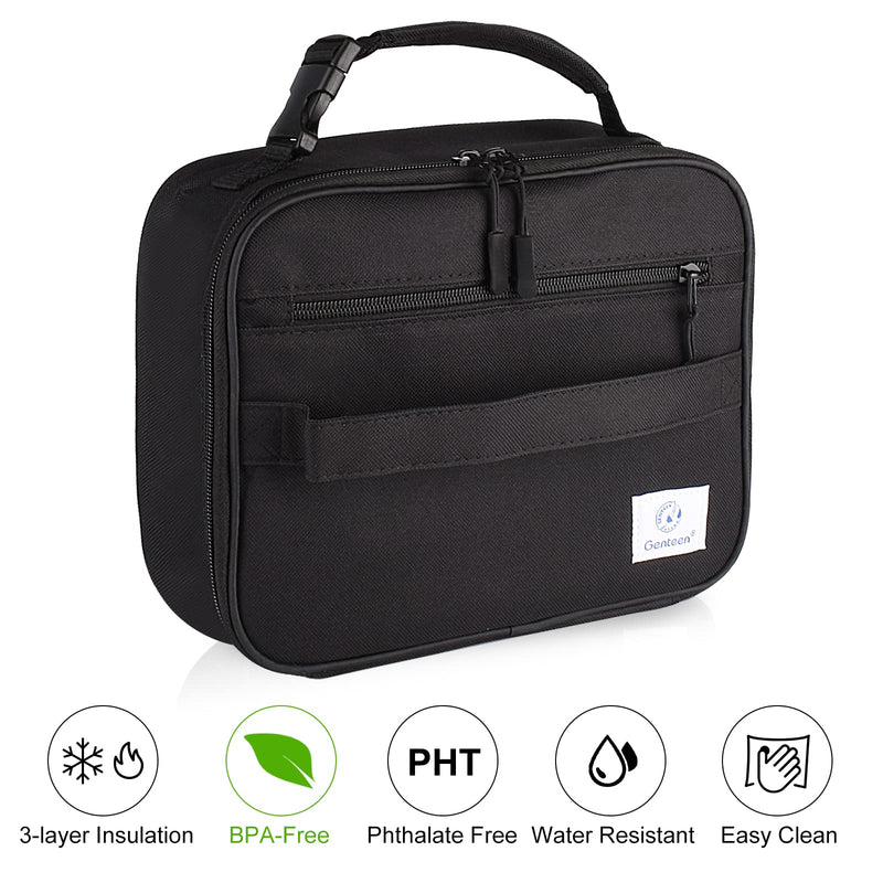 [Australia] - Genteen Insulated Lunch Bag, Lunch Box Kids Double Zipper Kids Lunch Bag,Sturdy Soft Bag & Freezable Lunch Bag - Boys Mens Lunch Bag Reusable Lunch Bag for School,Work,Outdoor(Black) Black 
