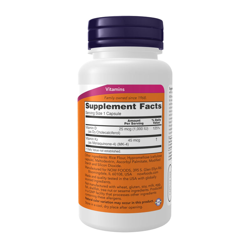 NOW Supplements, Vitamin D-3 & K-2, 1,000 IU/45 mcg,Plus Cardiovascular Support*, Supports Bone Health*, 120 veg Capsules 120 Count (Pack of 1)