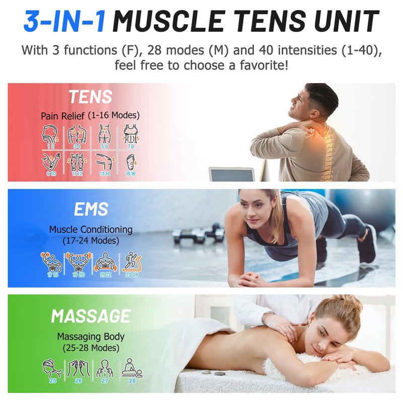 TENS Unit Muscle Stimulator, Rechargeable Dual Channel TENS EMS Machine, 28 Modes,40 Intensity Levels, 3.8-in Color Display, 12 Electrode Pads & EVA Case, Back Neck Shoulder Leg Pain Relief