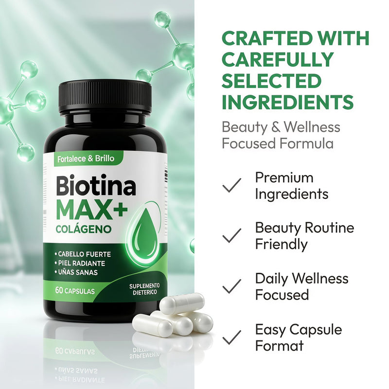 Biotina Max Colageno Capsulas - Biotin & Collagen Complex with Vitamins, Daily Beauty & Wellness Formula, Hair & Skin Care Supplement - 60 Capsules