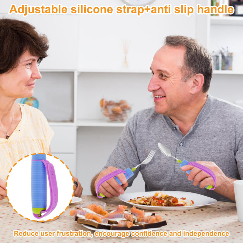 Adaptive Utensils Spoons Forks Set with Adjustable Silicone Strap and Nonslip Handle 360° Rotatable Adaptive Eating Utensils Easy Grip Cutlery for Elderly Disabled Arthritis Parkinson Disease
