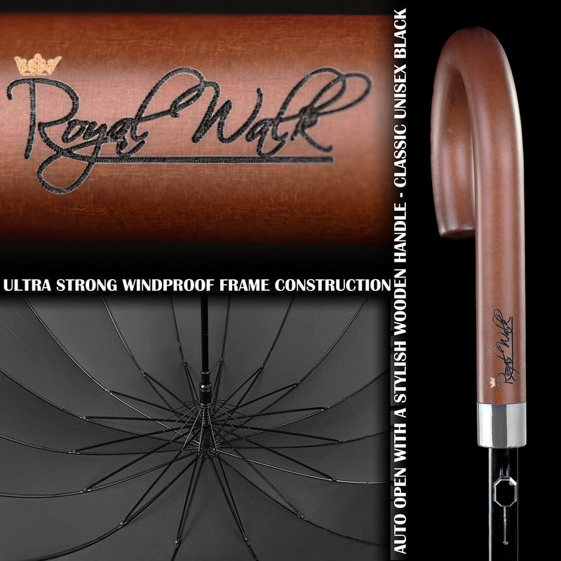 Royal Walk Large Umbrella for Rain, Windproof Folding Travel Umbrella with Vented Canopy, Genuine Wood Handle, Automatic Open Close, Reflective Strip for Safety in the Dark