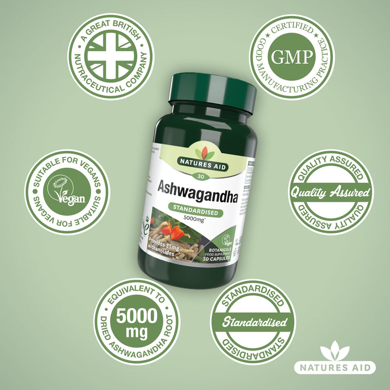 Natures Aid Ashwagandha 5000mg - 30 Tablet Capsules - Natural Pure High Strength Ashwagandha Root Extract Supplement - Vegan Gluten Lactose Free - Not Ashwagandha Gummies or Powder - 1 Months Supply