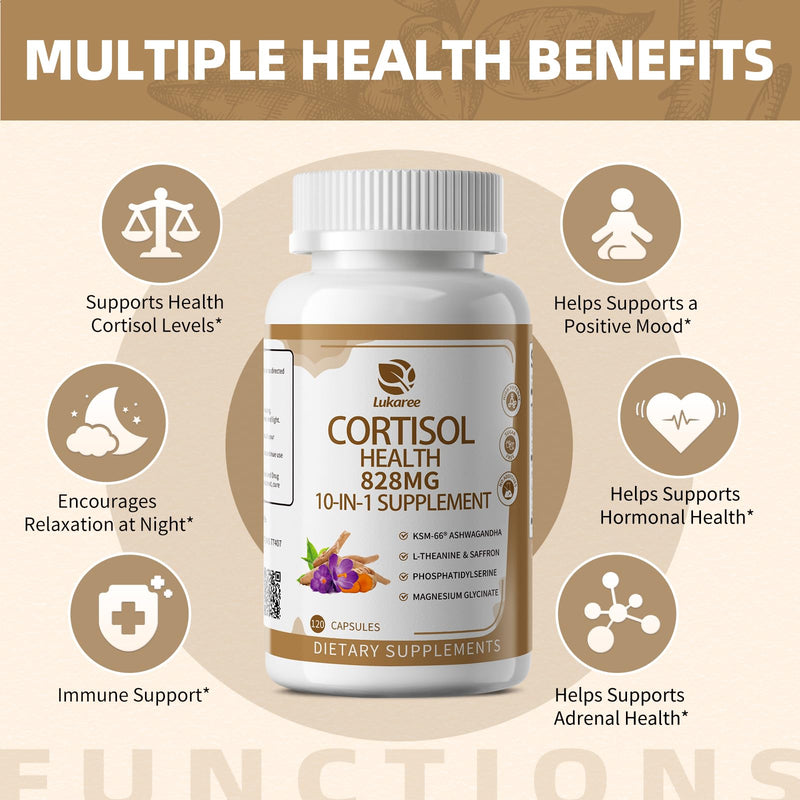 Lukaree Cortisol Supplements for Women and Men, with KSM-66® Ashwagandha | 10-IN-1 Cortisol Reducer with L-Theanine, Magnesium, Saffron & Phosphatidylserine, GMP Quality, 120 Capsules, 60-Day Supply 120 Count (Pack of 1)