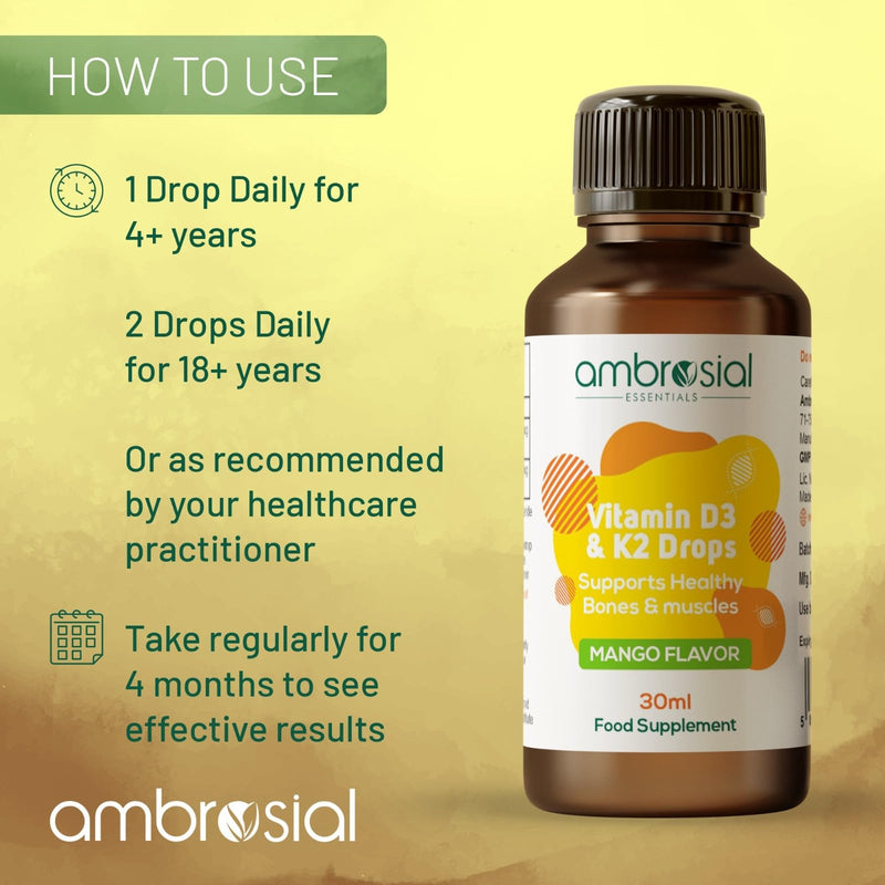 Ambrosial Vitamin D3 + K2 Drops – High Strength Liquid Supplement for Adults & Kids – 500 IU Vitamin D3 + 50 mcg Vitamin K2 – Mango Flavour, Gluten Free, Non-GMO, Easy-to-Take Vitamin D Liquid – 30 ml 30 ml (Pack of 1)