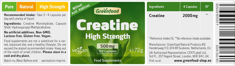 Creatine, 500 mg, 120 Capsules, high dose - Without Artificial additives. Without Genetic Engineering. Vegan.