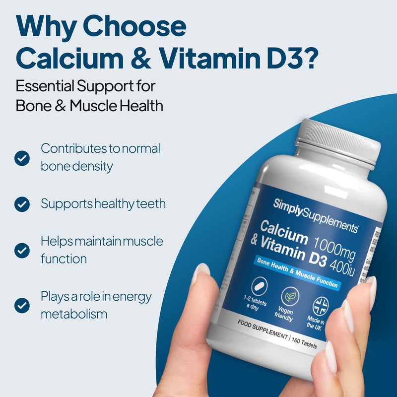 Calcium 1000mg & Vitamin D3 400iu | Supports Bone & Teeth Health | Contributes to Normal Muscle Function | Vegan & Vegetarian Friendly | 180 Tablets = 3 Months’ Supply | GMP-Certified & UK-Made Unflavoured 1 count (Pack of 180)