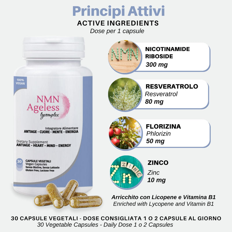 NMN Ageless Lycomplex | Anti-Aging and Antioxidant Supplement | Enhanced Formula with Nicotinamide riboside, Resveratrol, Phlorizin | Physical and Mental Support | 30 Vegetable Capsules