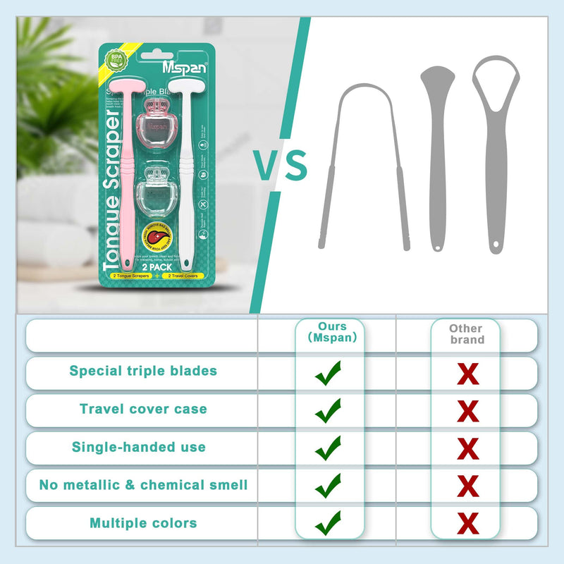 [Australia] - Mspan Tongue Scraper Cleaner Brush: Tongue Care Cleaning Scrubber with Plastic Travel Case Cover for Adults kids - Clean Oral Bad Breath Pink White 2 Pack Pink, White 