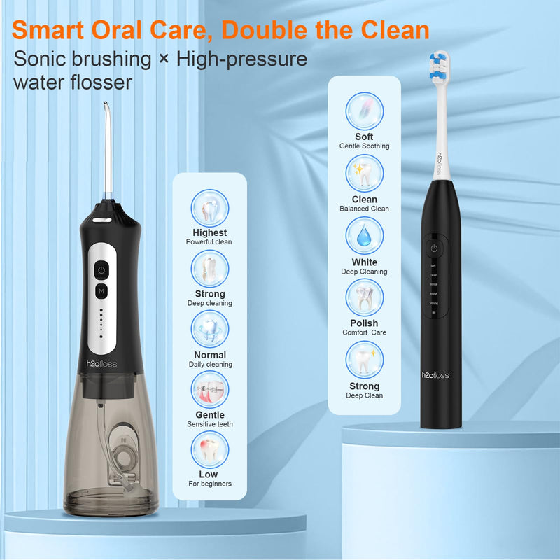 [Australia] - H2ofloss Sonic Electric Toothbrush and Water Flosser Combo, Rechargeable 2000mAh Toothbrush and 2500mAh Oral Irrigator with 300ml Tank, 4 Brush Heads, 5 Nozzles, 2 in 1 for Home and Travel (Black) Black 