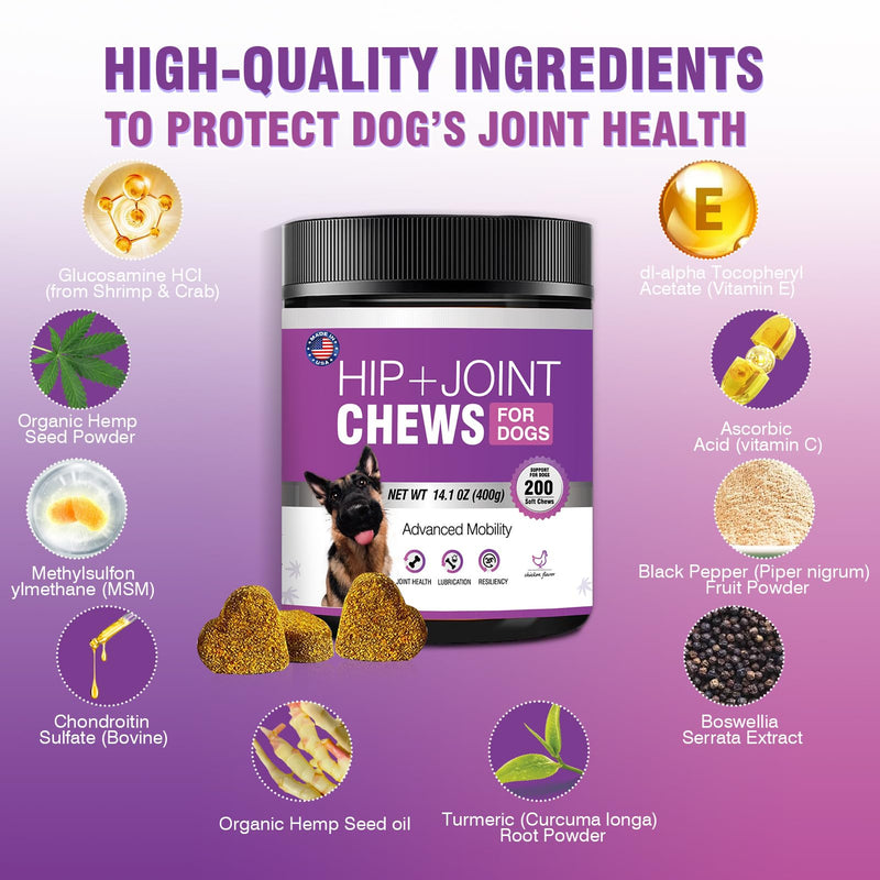 Glucosamine for Dogs 200pcs Joint Support Supplement Dog Hip and Joint Chondroitin Chews Treats with MSM Hemp Dog Joint Pain Relief Mobility Supplements Chicken Flavor Fit All Large Small Medium Breed - PawsPlanet Australia