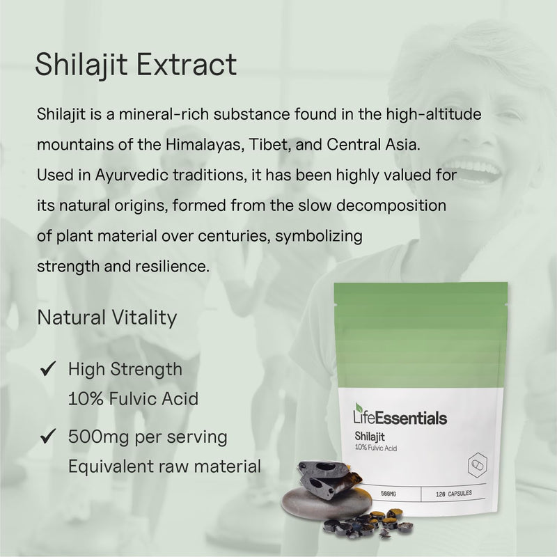 Life Essentials Pure Shilajit Capsules 500mg - High Strength Himalayan Shilajit Essence Supplements for Men & Women - Natural Energy & Vitality Support - 120 Veggie Capsules