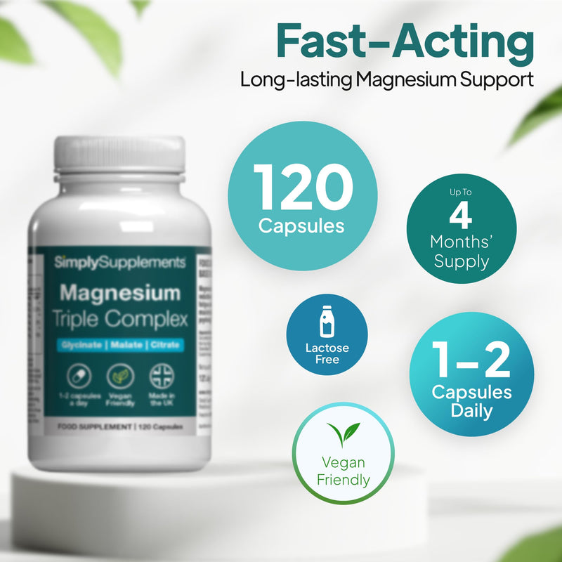 Magnesium Triple Complex | Glycinate, Malate & Citrate | Supports Energy, Muscles, Bones & Nervous System | 120 Vegan Capsules | UK Made | GMP-Certified