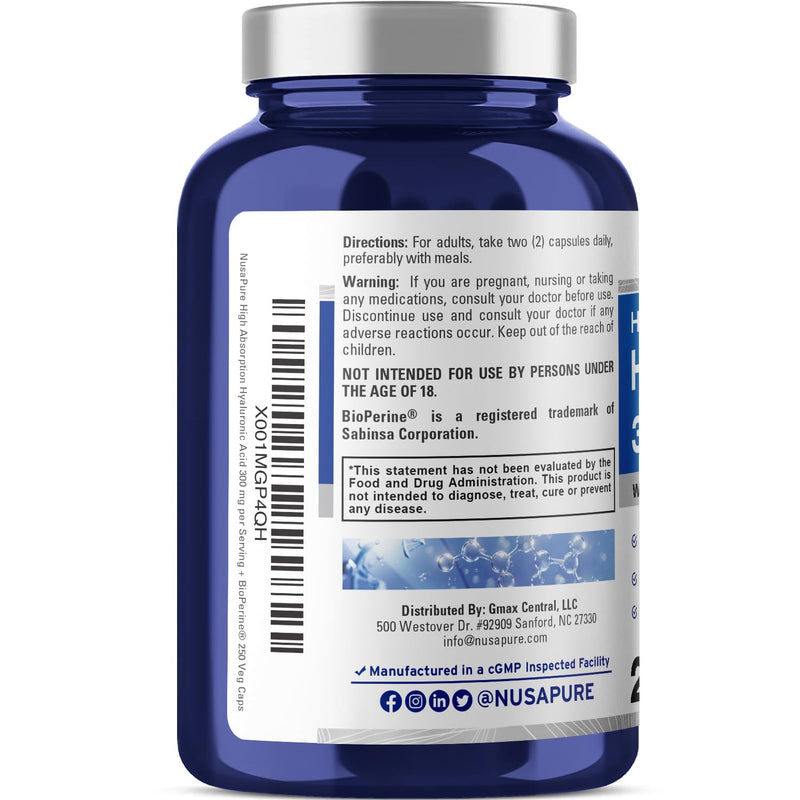 [Australia] - NusaPure Hyaluronic Acid 300mg 250 Veggie Capsules (Non-GMO, Gluten Free) 