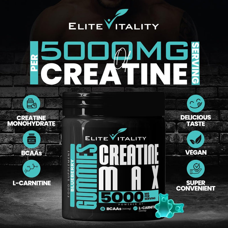 Creatine Monohydrate 90 Gummies 5000mg + BCAAs & L-Carnitine – 3rd Party Lab Tested, Vegan, Sugar-Free, Pre Workout Muscle Growth & Recovery Gym Supplement for Men & Women – Tangy Blueberry Blast