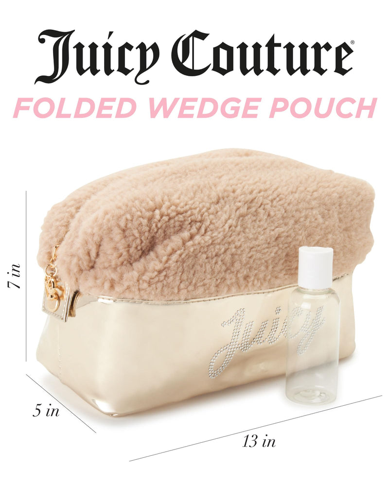 Juicy Couture Gold Makeup Bag Cosmetics Organizer Travel Essentials Zip Top Wedge Shiny Rhinestone Faux Shearling