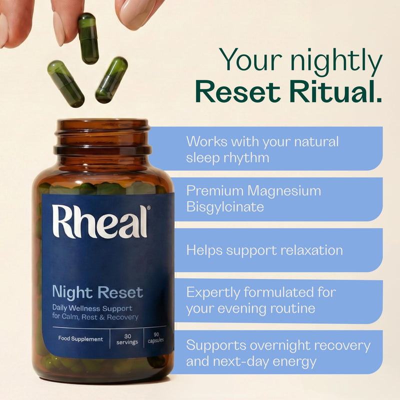Rheal Night Reset – 90 Magnesium Capsules, Sleep Focused Formula with Magnesium Bisglycinate, Saffron, L‑Theanine & Chamomile to Support Relaxation & Restful Sleep (30 Servings)