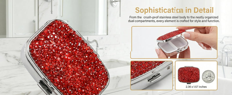Metal Pill Organizer with Rhinestone, Portable Crush-Proof Medicine Box, Double-Layer Travel Pill Case for Vitamins, Supplements, Small Hard Container for Pocket White