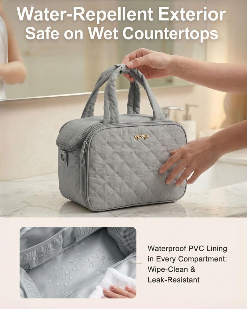 Large Quilted Toiletry Bag for Women, Puffy Travel Makeup Organizer with Removable Divider & Shoulder Strap, Waterproof Standing Cosmetic Case for Full-Size Toiletries, Gym, Vacation Light Gray