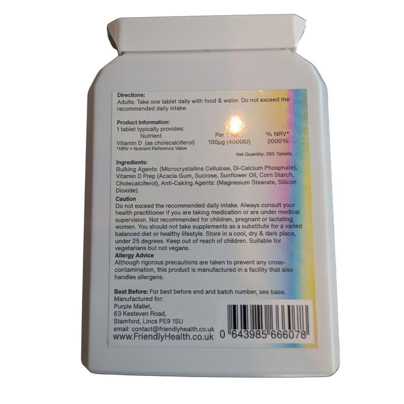 Vitamin D3 4000IU - 365 Day Supply - 365 Tablets - Easy to Swallow 8mm Micro Vitamin D Tablets - Vegetarian Friendly VIT D Supplement - Made in The UK - Gentle Cholecalciferol Form