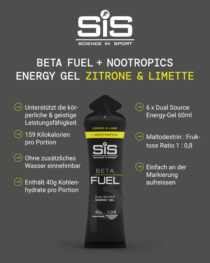 [Australia] - Science in Sport BETA Fuel Gel + Nootropica Gel 6 x 60ml Lemon and Lime - Energy-rich carbohydrate gel with 40g carbohydrates, Energy Gel for endurance athletes Lemon & Lime 6 x 60 ml 