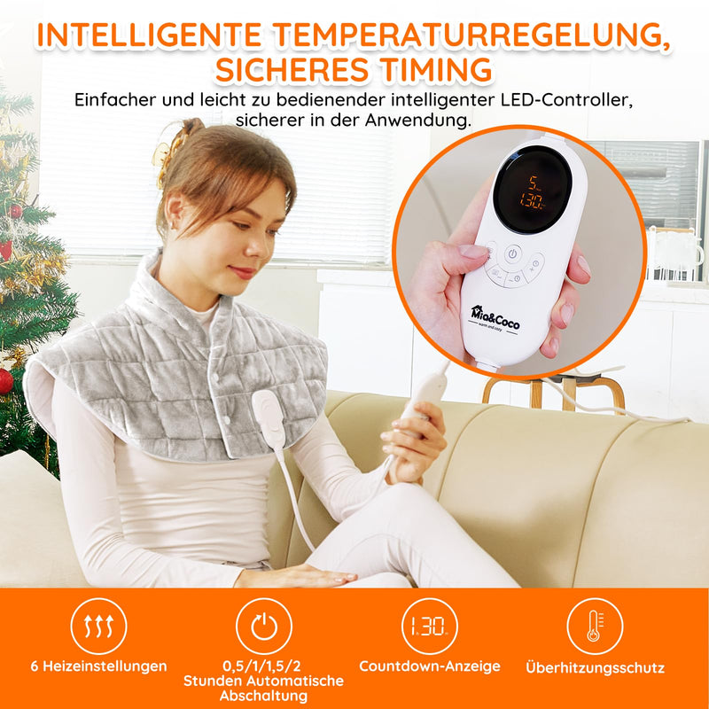 [Australia] - Weighted heating pad with automatic switch-off for back, shoulder, neck, quick-heating carbon fiber heating pad, micro-plush neck warmer, 6 heat levels, auto-off timer, Mia&Coco - gray (57x58cm) 57x58cm gray 