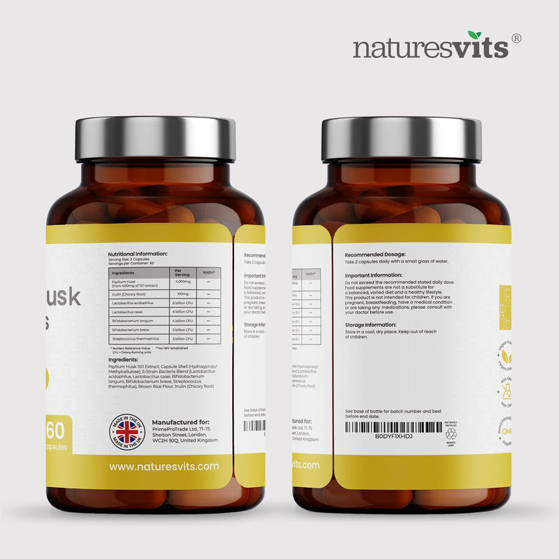4000mg Fibre Supplement Psyllium Husk Capsules with Probiotics - 20 Billion CFU with 5 Strains - Soluble Fibre with Added 100mg Inulin - Gut Health Supplements for Adults - High Fiber Supplement