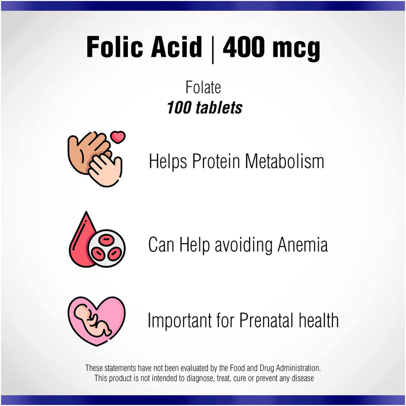 Folic Acid Supplement 100 Tablets 400 mcg by Natural Systems - Prenatal Vitamin for Women Perfect for Pregnancy - Acido Folico - Pregnancy Support Tablets - Daily Intake Prenatal Vitamins Folate