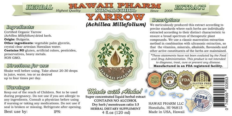 [Australia] - Hawaii Pharm Yarrow Alcohol-FREE Liquid Extract, Organic Yarrow (Achillea millefolium) Dried Herb Glycerite Natural Herbal Supplement, USA 2 fl.oz 2 Fl Oz (Pack of 1) 