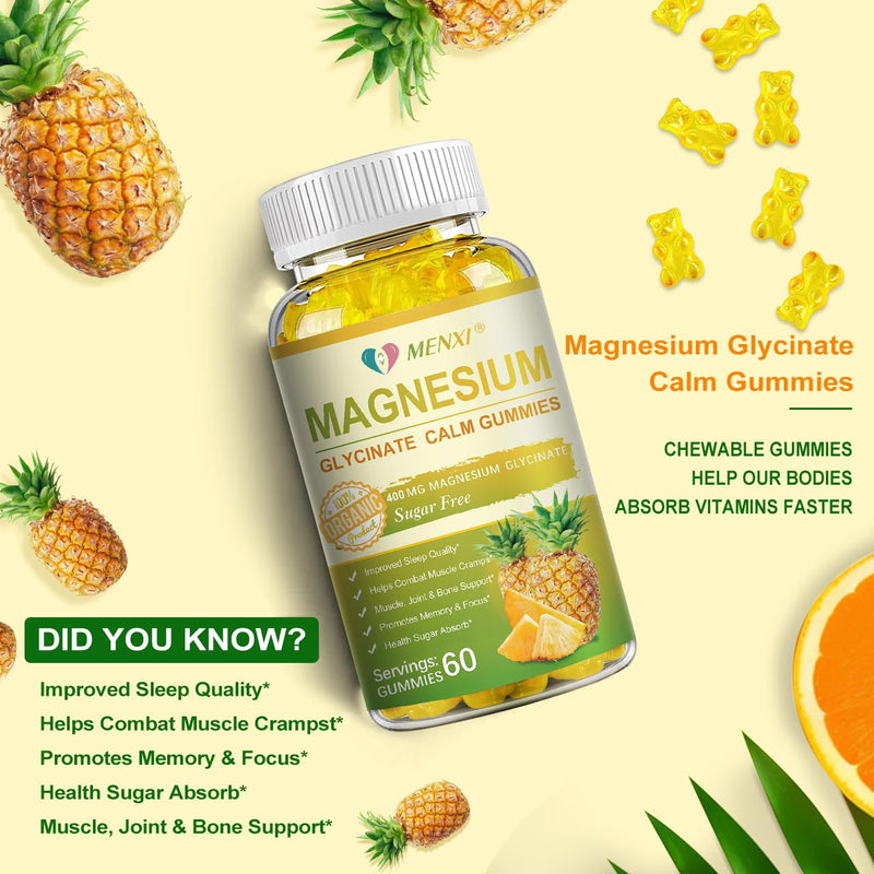 Magnesium Glycinate Gummies 400mg, Sugar Free Magnesium Taurate, Malate Supplement with Vitamin D, B6, CoQ10 for Relaxation, Stress Relief, Muscle, Bone & Sleep Support- 60 Pineapple Gummies 60 Count (Pack of 1)