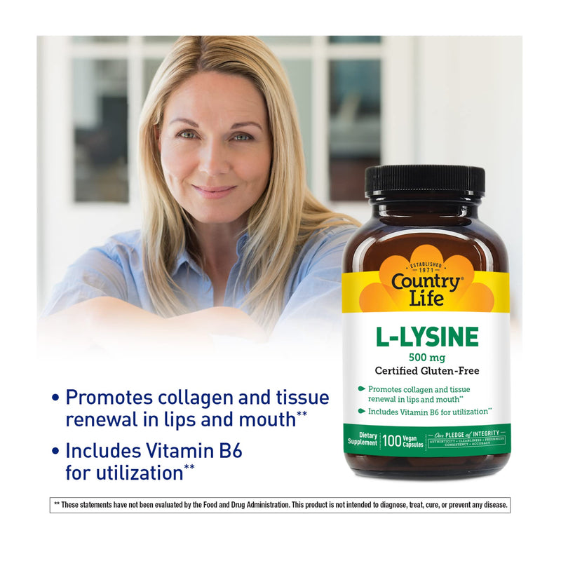 Country Life L-Lysine 500mg with B-6, Supports Immune Health, Promotes Collagen Renewal in Lips and Mouth, 100 Vegan Capsules, Certified Gluten Free, Certified Vegan 100 Count (Pack of 1)