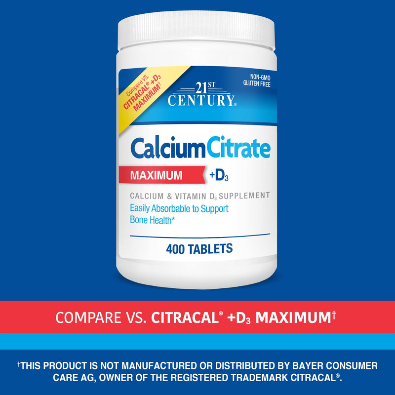 21st Century Calcium Citrate Plus D3 Maximum - 630 mg Calcium, Bone Health Support, Easily Absorbable, Gluten Free, Non-GMO, Compare to Citracal +D3, 400 Tablets 400 Count (Pack of 1)