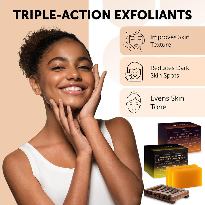 VALITIC Papaya and Turmeric Kojic Acid Soap Bar - Dark Spot Corrector Skin Care Cleansing Bar - Infused with Vitamin C, Hyaluronic Acid - Papaya 2 Pack, Kojic 2 Pack, Holder 2 Pack + 2 Pack + Holder