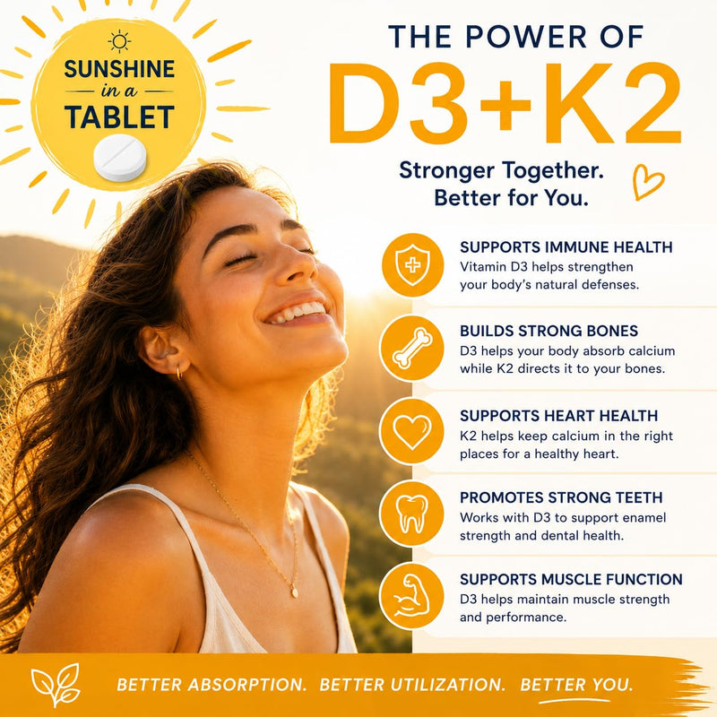 D3 + K2 | Vitamin D3 4000 IU + Vitamin K2 100µg | Immune, Bone & Muscle Support | 60 Vegetarian Tablets | 2 Month Supply