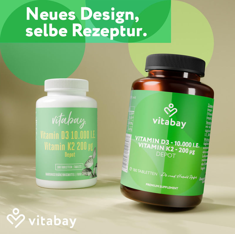[Australia] - Vitabay Vitamin D3 K2 High Dose 10000 IU Depot - 180 Vegan & Laboratory Tested Vitamin D Tablets without Additives - Contributes to supporting the immune system and maintaining normal bones 