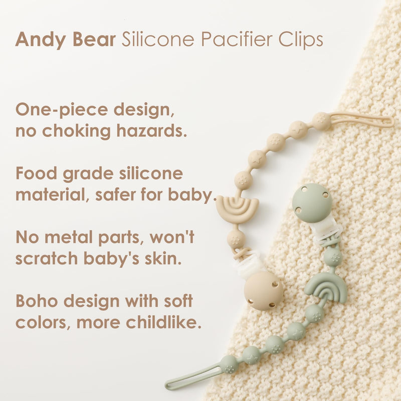 [Australia] - Baby Pacifier Clips One Piece Binky Clip Holder Silicone Teether Clip Pacifier Straps with Clip Baby Teether Toys for Boys and Girls Set of 3 Andy Bear-Ivory+Sage+Blush Ivory+Sage+Blush 