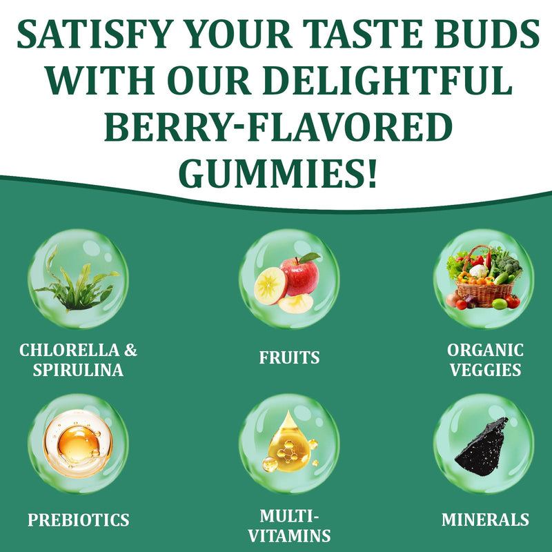 [Australia] - Greens Gummies, Daily Greens Gummies with Organic Chlorella and Spirulina, Digestive & Gut Health, Low Sugar, Formulated with 60+ Ingredients, Individual Packets,160 Gummies Bear 