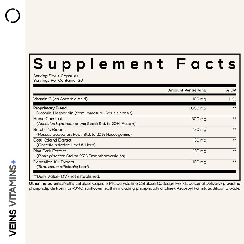 Codeage Veins Vitamins+ Supplement, Diosmin, Hesperidin, 120 Capsules | Diosmin, hesperidin, horse chestnut, butcher's broom, gotu kola, pine bark, vitamin C. Vegan, non-GMO.