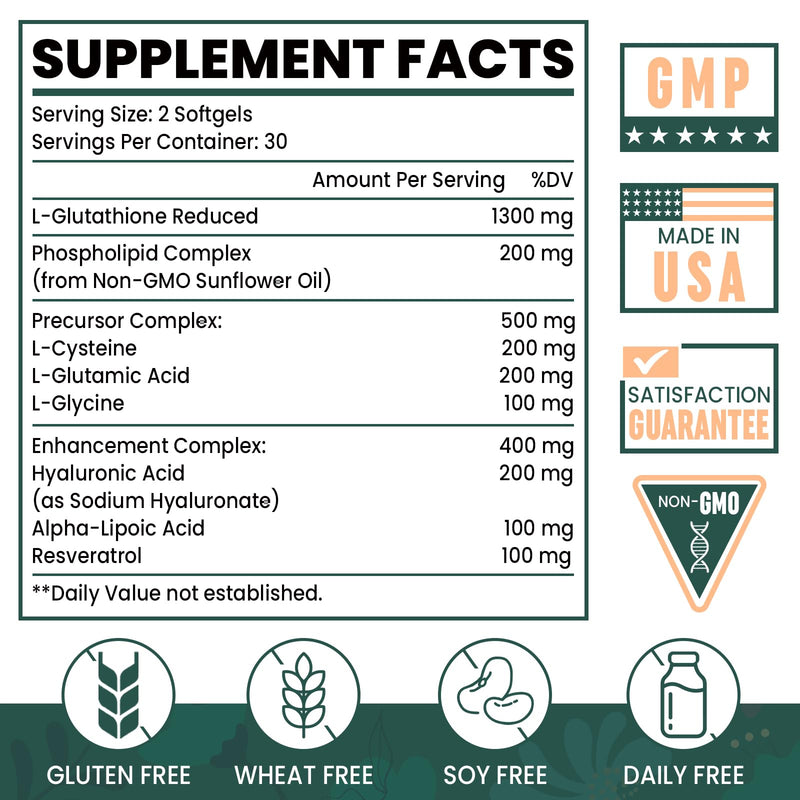 [Australia] - 2400MG Liposomal Glutathione | Max Absorption | Glutathione Supplement with Hyaluronic Acid, Resveratrol, L - Glutathione Reduced, Non - GMO Antioxidant , Energy, 60 Softgels 60 Count (Pack of 1) 
