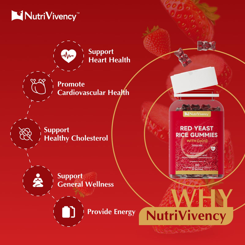 [Australia] - Red Yeast Rice with Coq10 Gummies, Red Yeast Rice 2400mg with Coq10 200mg Supplements for Cholesterol Support and Heart Health Support, Sugar free, Vegan, Non-GMO, Strawberry Flavor, 60 Counts 