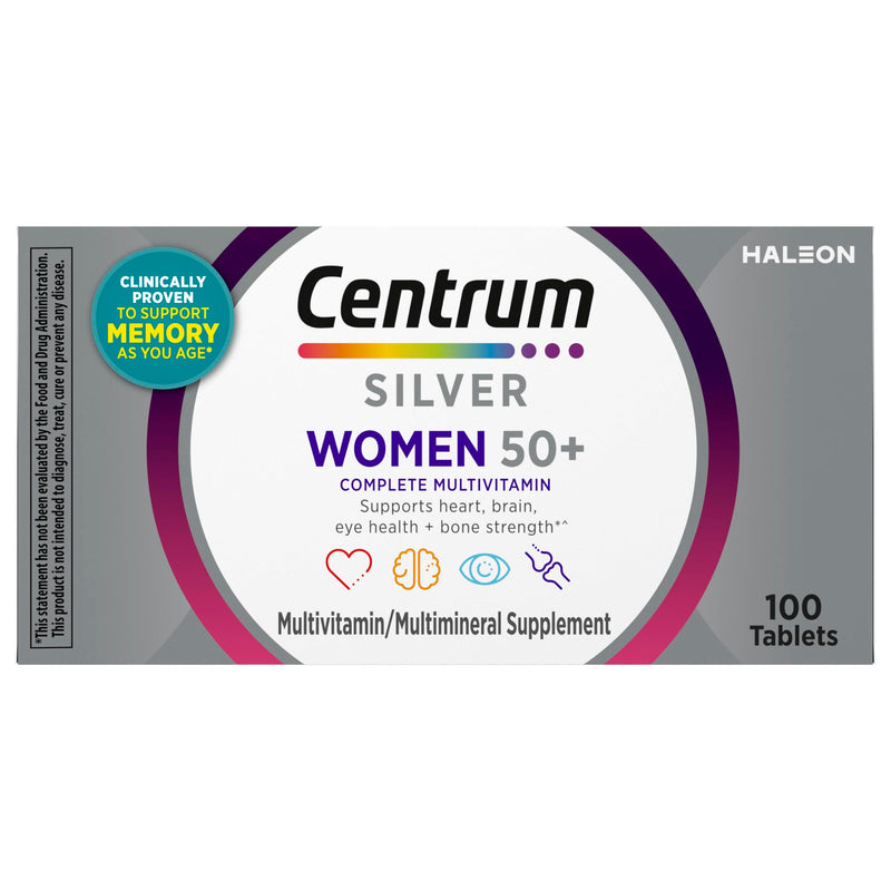 Centrum Silver Women's Multivitamin for Women 50 and Over, 100 Tablets | Contains Vitamin D3, B Vitamins, Calcium, and Antioxidants, Non-GMO Ingredients, Supports Memory and Cognition, GLP-1 Support 100 Count (Pack of 1)